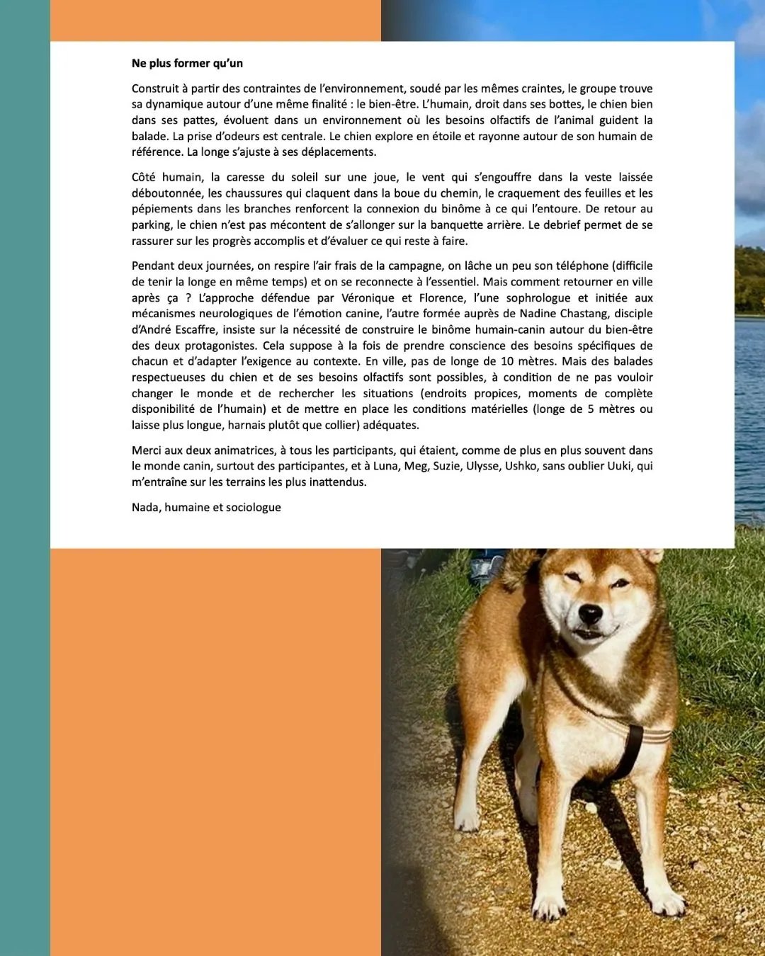 Suite et fin du témoignage de Nada sur le stage canin. Le texte évoque la connexion sensorielle en pleine nature, l'importance des besoins olfactifs du chien et remercie les intervenantes Véronique et Florence pour leur approche bienveillante du binôme humain-canin.