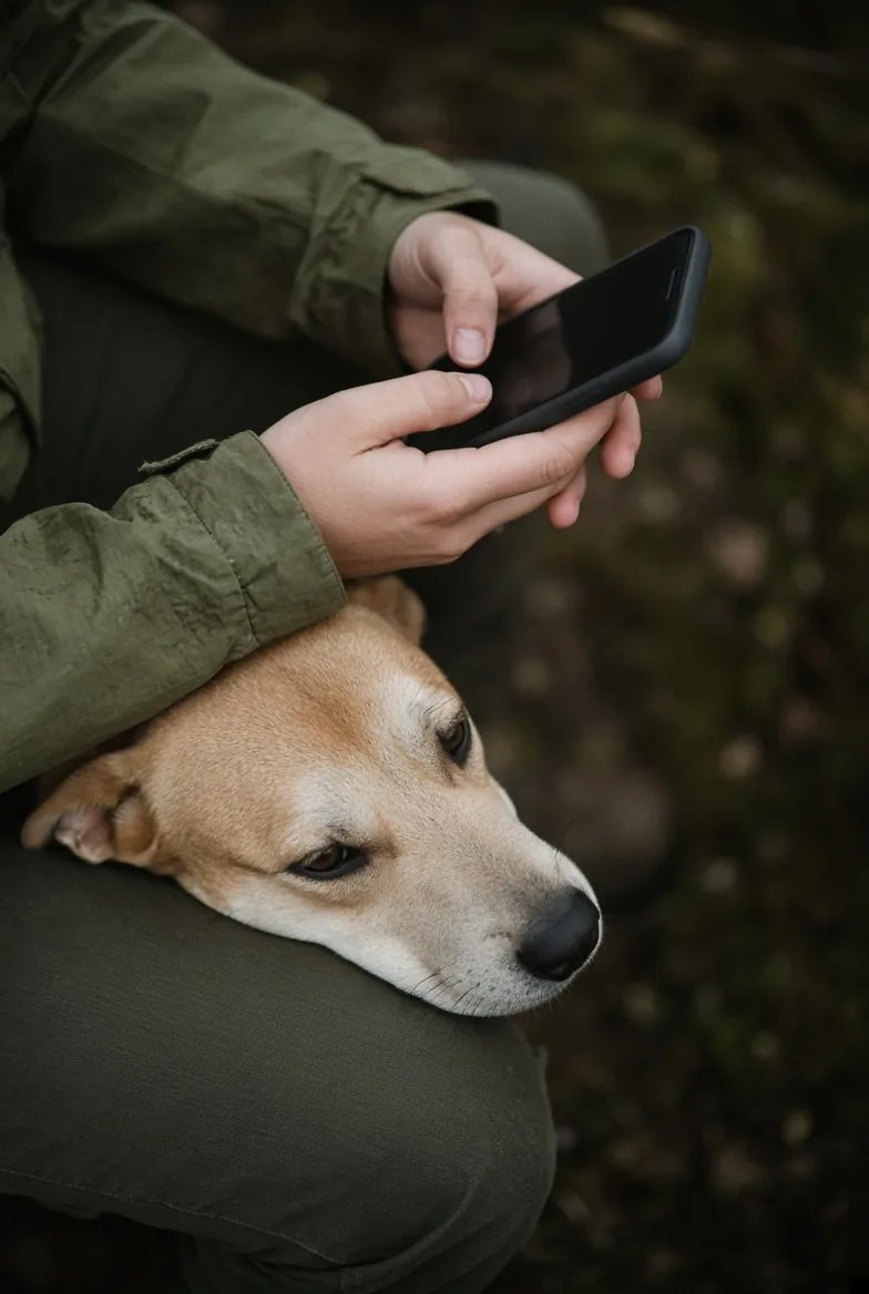 Des mains tiennent un téléphone, la tête d’un chien posée sur le genou